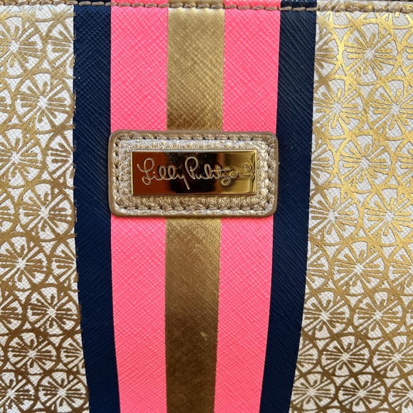 Lilly Pulitzer Gold Tote with Pink and Blue Stripes - Picture 4 of 10